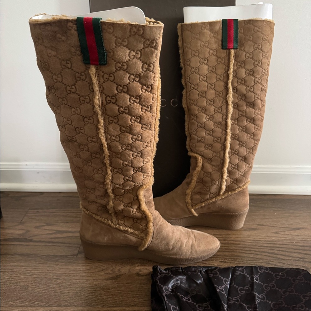 Gucci Tan Over the Knee Boots with Signature GG Pattern